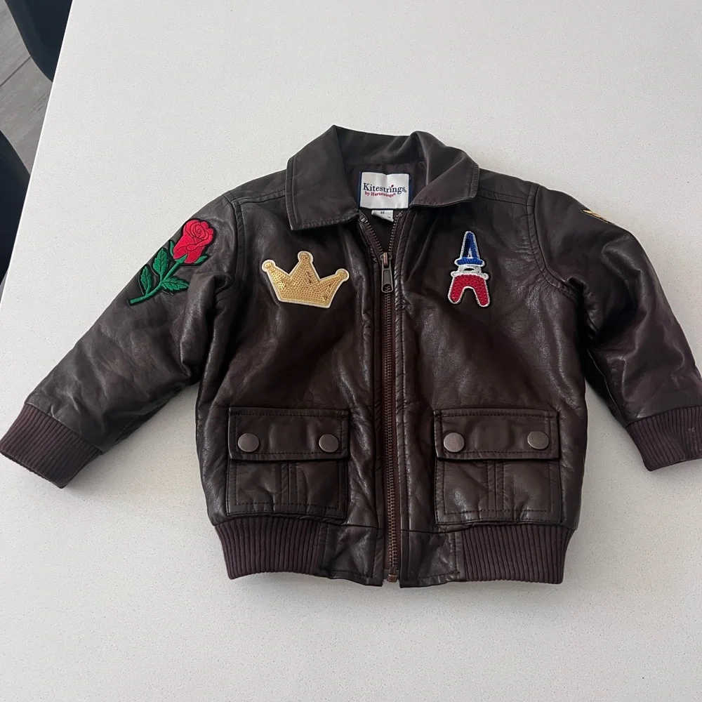 Kitestrings By Hartstrings Kids Bomber Jacket Brown Faux Leather Patches Size 3T